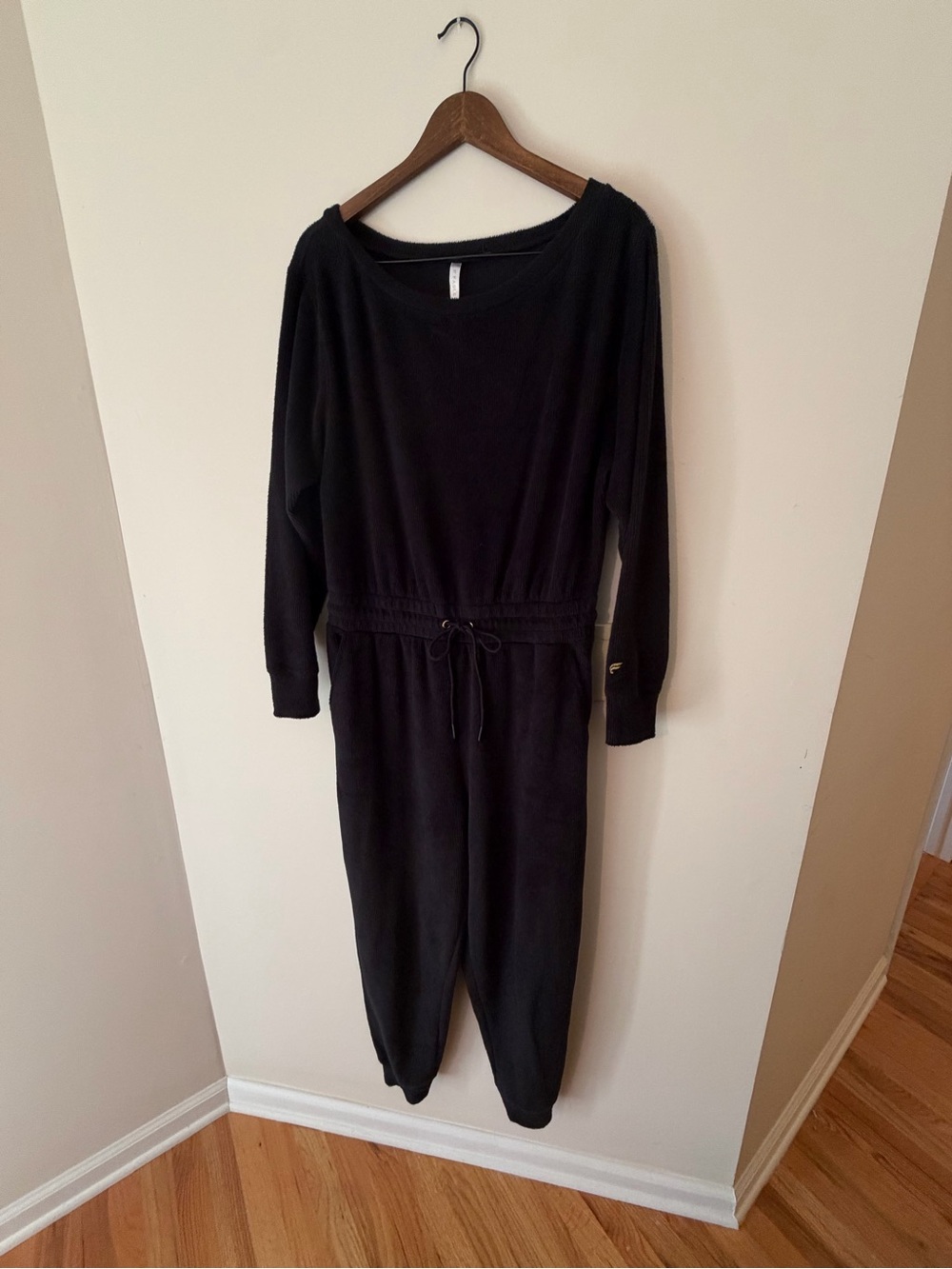 Fabletics Black Velvet Long-Sleeve Drawstring Waist Jogger Jumpsuit, Size Large